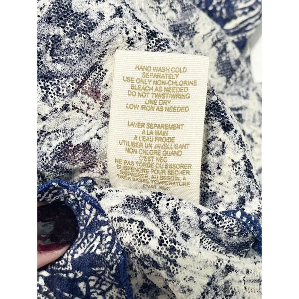 Free People Sheer Lace Printed Long Tank Top Lettuce Hem Sleeveless Blue Small‎